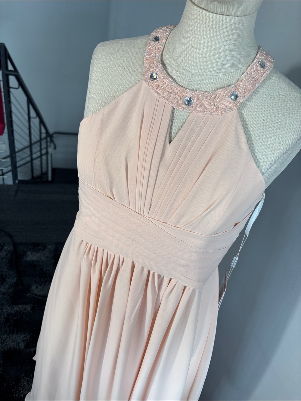 Beaded Halter, Chiffon Dress in Blush Pink